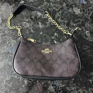 Brown Signature Print Mini Shoulder Bag with Gold Chain